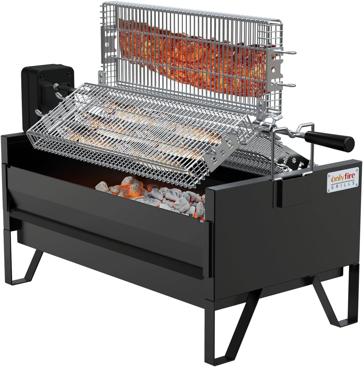 2 IN 1 Charcoal Grill Rotisserie Kit with 3 Stainless Steel Rotating Baskets and 24 In Grill Grate W3422
