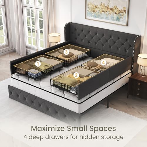King Size Linen Upholstered Bed Frame with 4 Storage Drawers H875