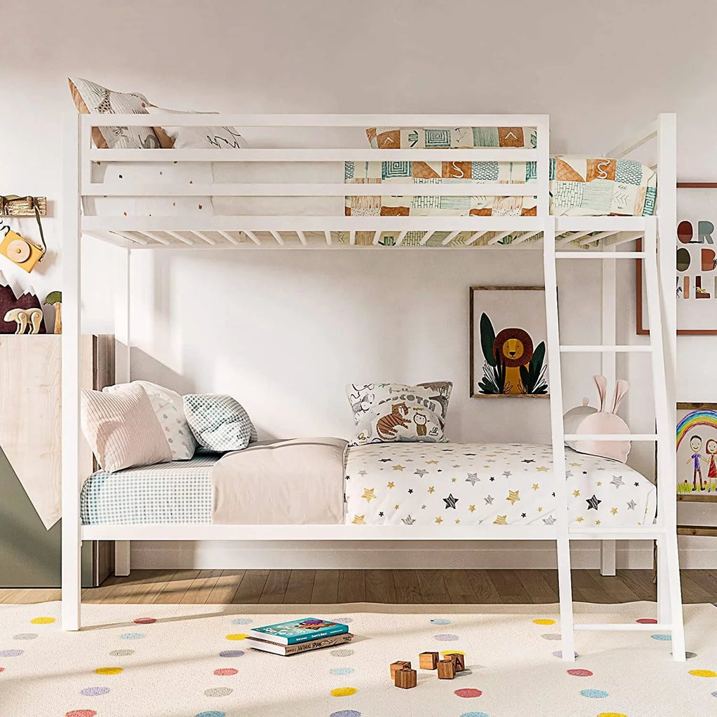 Twin over Twin White Metal Bunk Bed with Ladder K5186