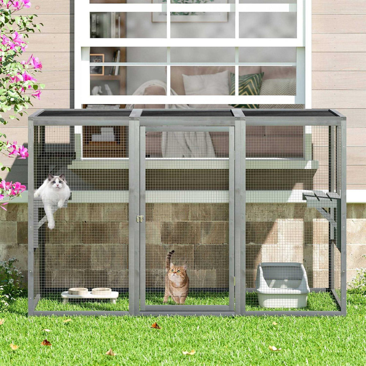 Outdoor Cat House Enclosure Pet Cage Catio with Asphalt Roof X49903