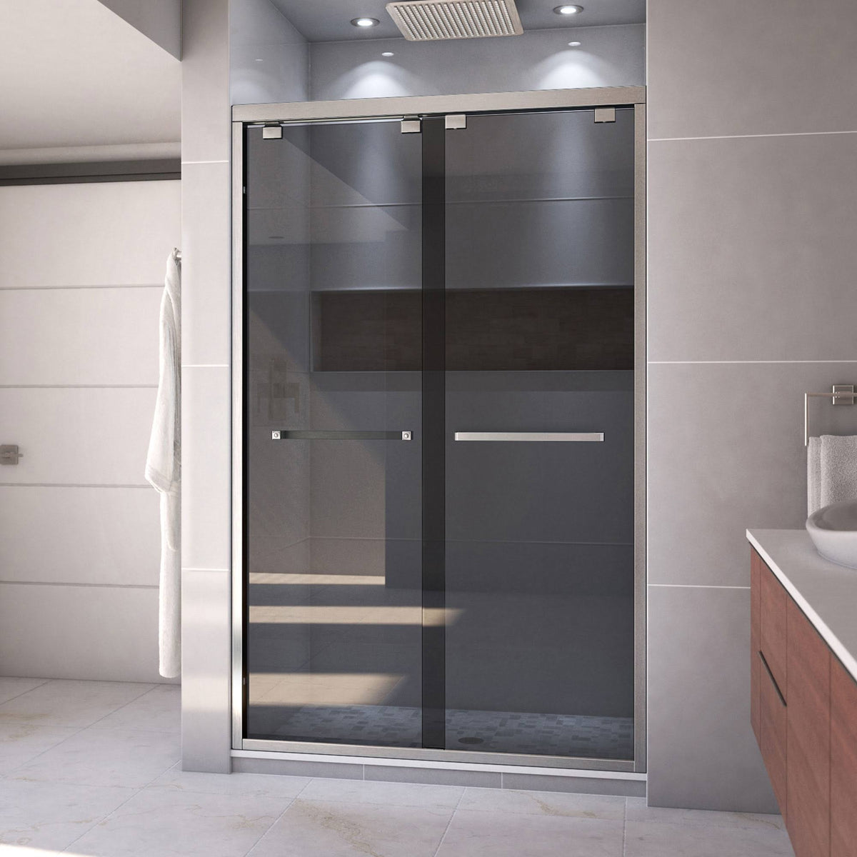 Semi-Frameless Bypass Sliding Shower Door in Brushed Nickel and Gray Glass S6091
