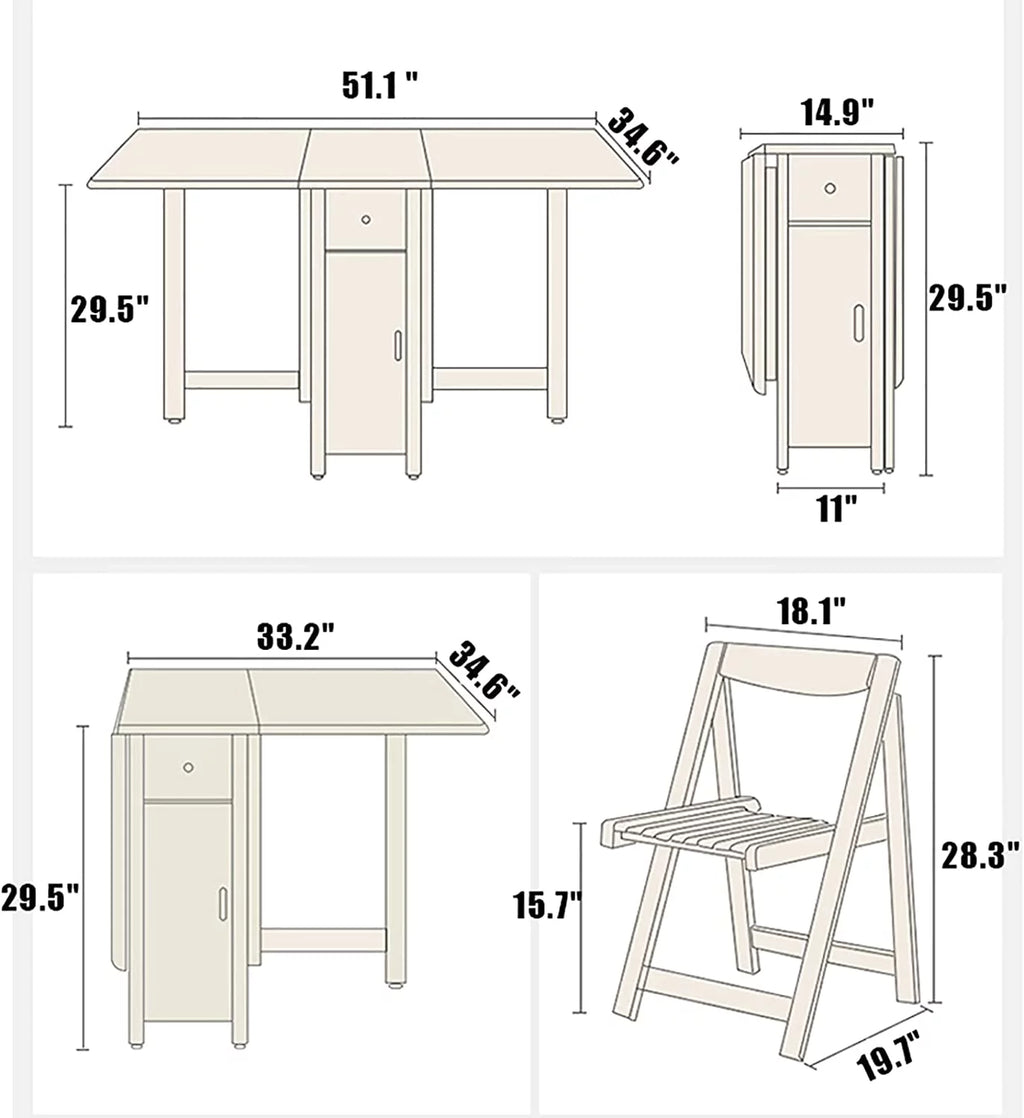 Solid Wood Drop Leaf Dining Table Set 5 Pieces with Wheels and Drawer W583