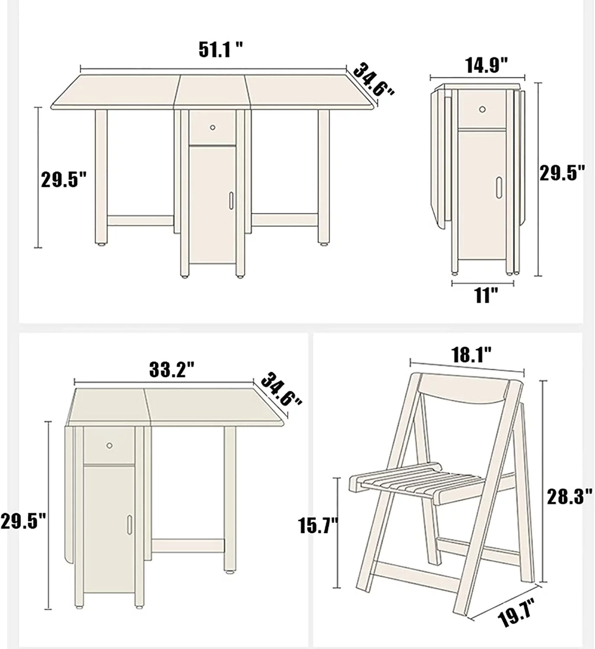 Solid Wood Drop Leaf Dining Table Set 5 Pieces with Wheels and Drawer W583