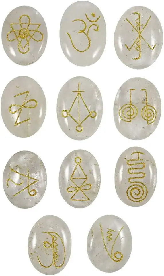 11 Pcs Crystal Quartz Engraved Palm Reiki Symbol Stone Set Q762487
