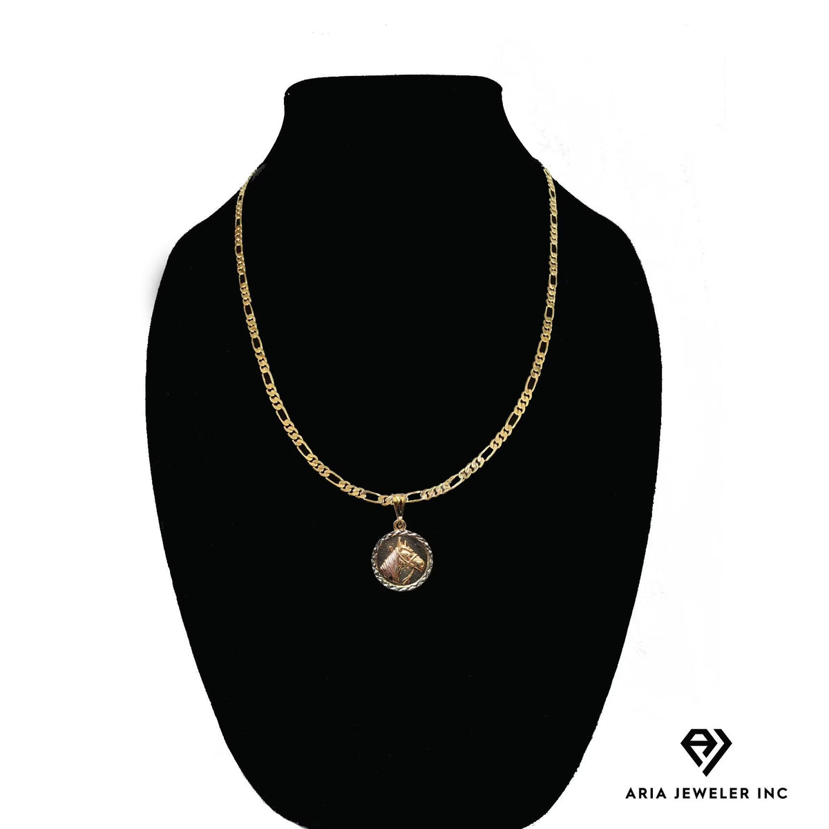 14k Gold Plated Horse Head Pendant Necklace with Figaro Chain R865