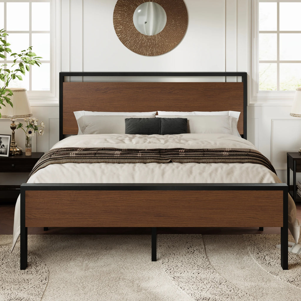 Queen Size Metal Platform Bed Frame with Wood Headboard J684