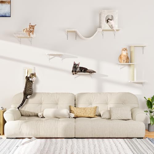 Gray 7 Pcs Cat Wall Shelves with House, Tunnel, Bridge, Steps, Scratcher, Hammock, Bed B923460