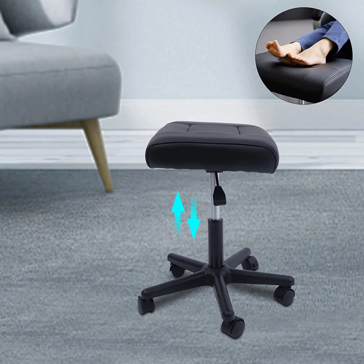 Height Adjustable Leather Foot Stool with Wheels Y820574