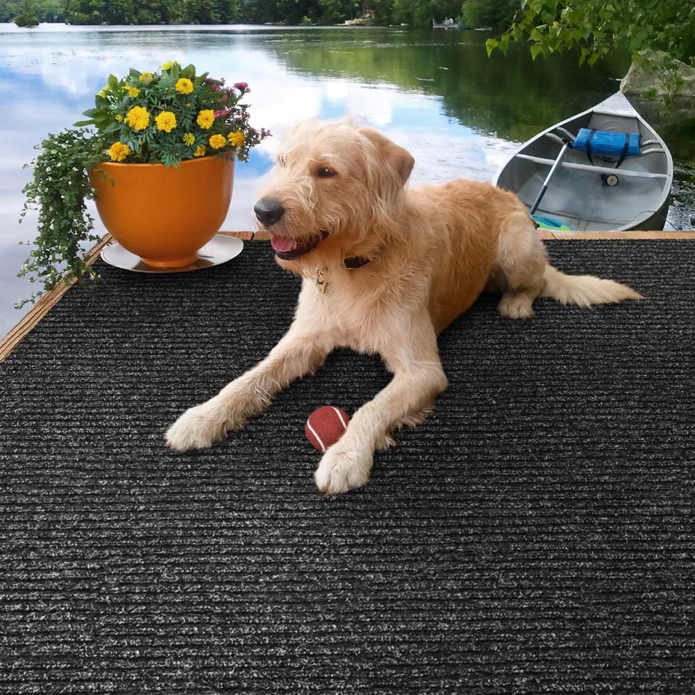 Charcoal Black Ribbed Indoor Outdoor Carpet 6 Feet X 10 Feet H86768