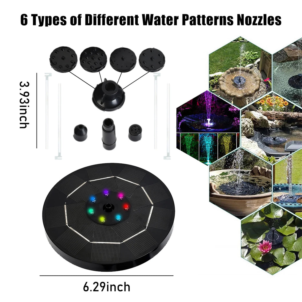 Solar Fountain Pump with Colorful Gradient Light 1800mAh Battery 6 Nozzles Z6446