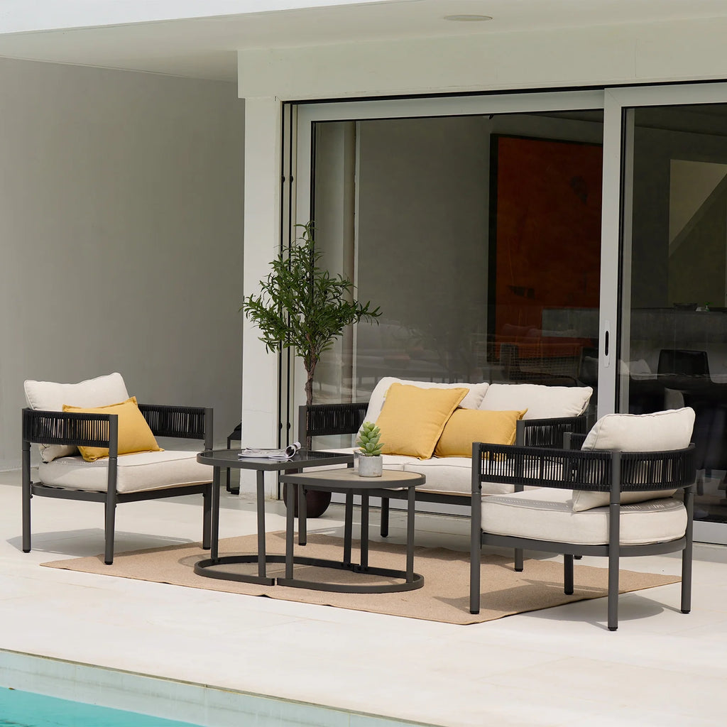 5-Piece Woven Wicker Outdoor Conversation Set with Cushions and Nested Table W158
