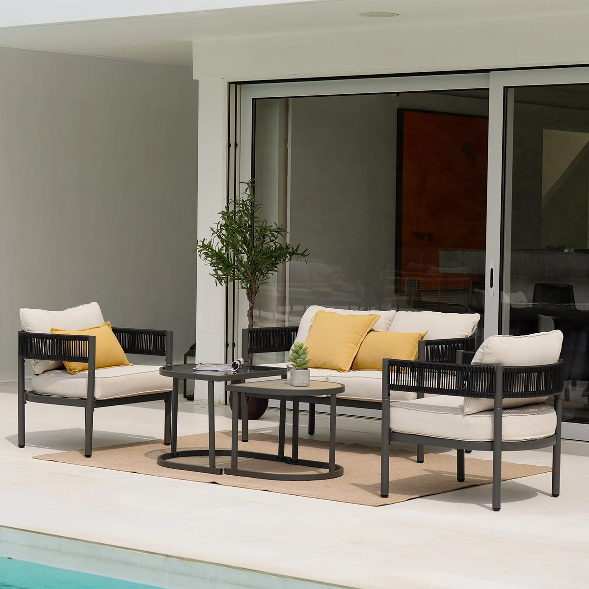5-Piece Woven Wicker Outdoor Conversation Set with Cushions and Nested Table W158