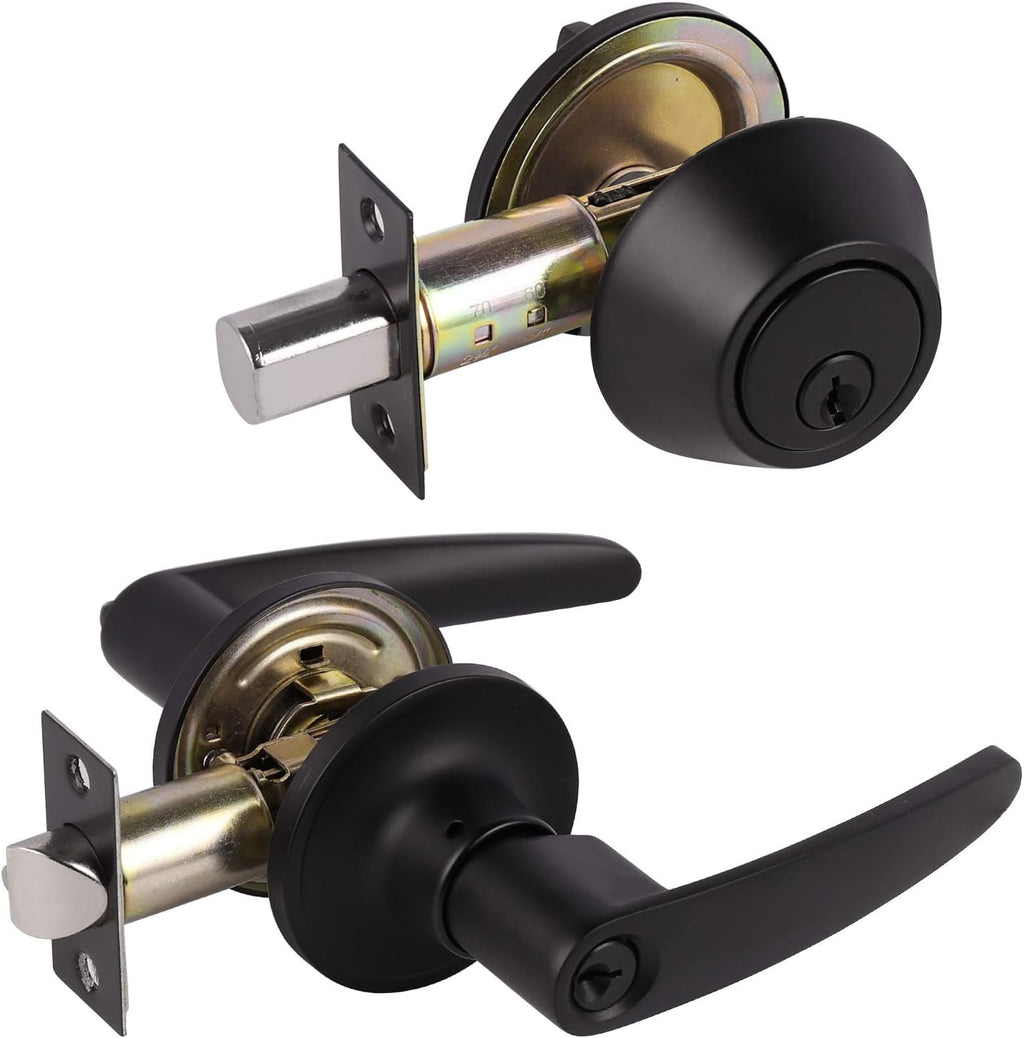Matte Black 5 Pack Door Handle Lock Set with Double Keyed Deadbolt B95495