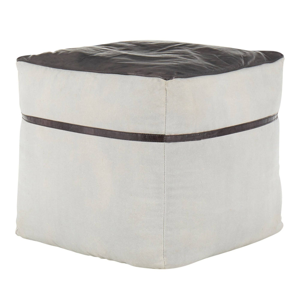 Black Leather Grey Canvas Pouf S376364