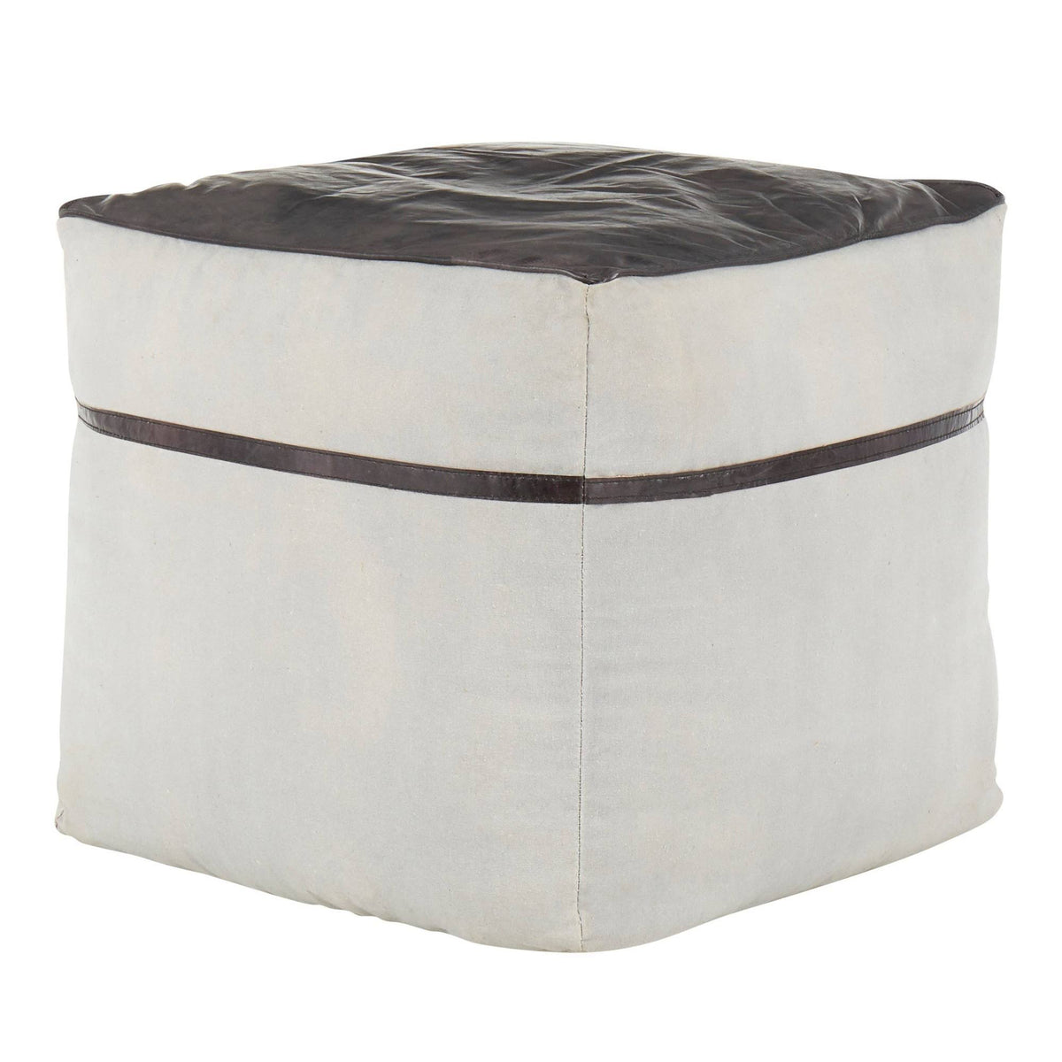 Black Leather Grey Canvas Pouf S376364