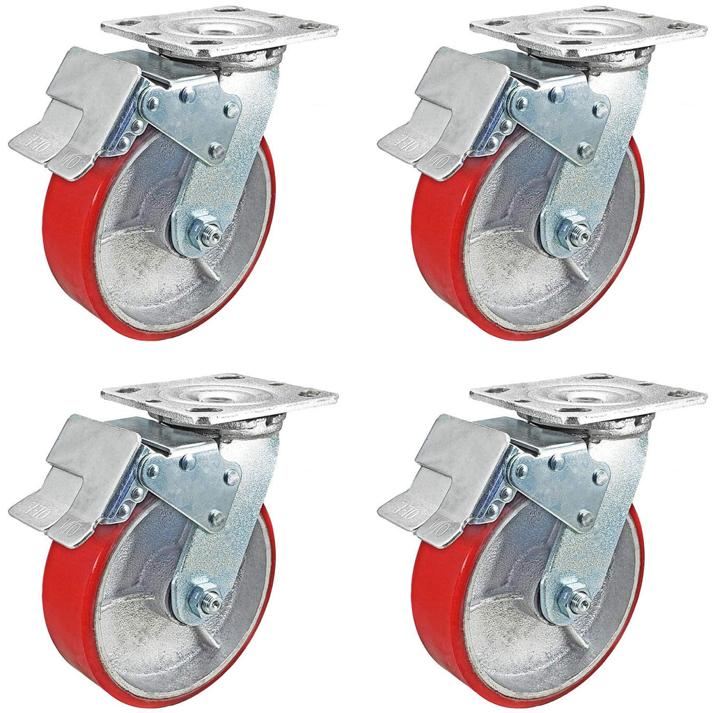 6 x 2 Total Lock Caster Set of 4 with Red Polyurethane on Steel Wheel Y64395