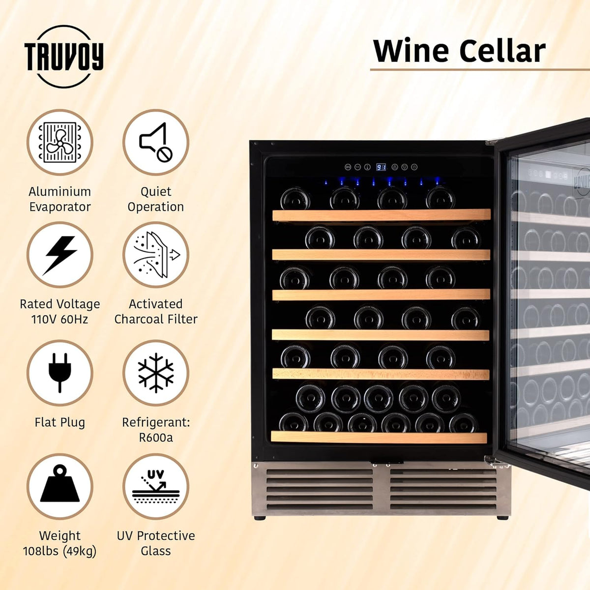 Wine Cooler Refrigerator with Reversible Low UV Glass Door, Touch Thermostat Control with LED Display, Lock, 150L Storage R87826