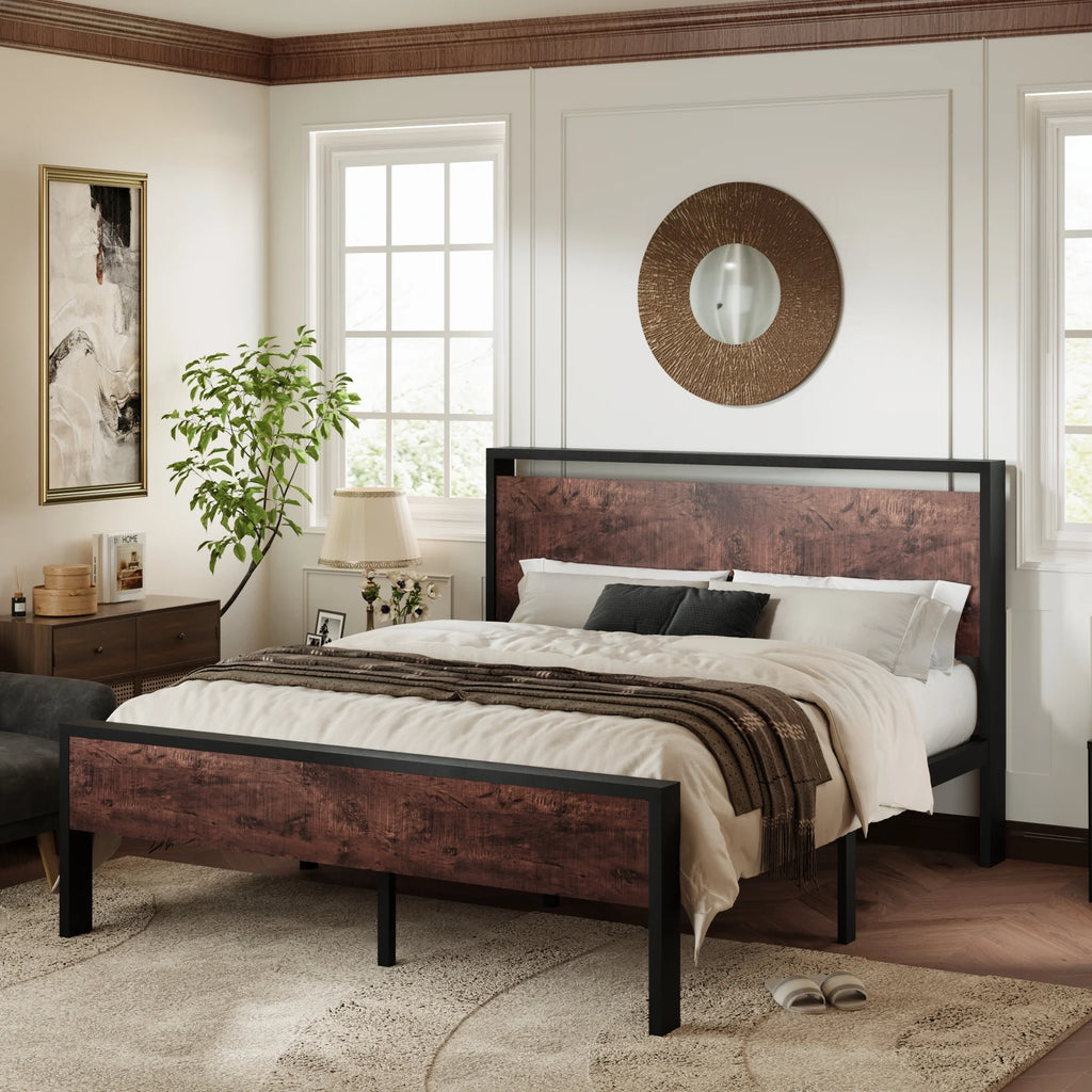 Queen Size Metal Platform Bed Frame with Wood Headboard J684
