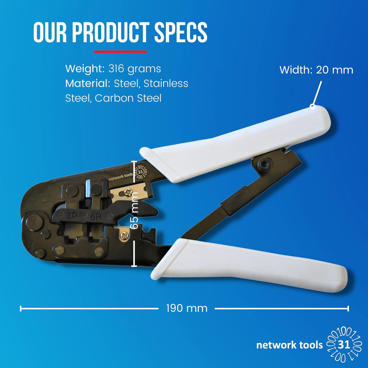 31 Cable Crimping Tool for RJ11, RJ12, RJ45, CAT5, CAT6, CAT7, CAT8 Cables P8155