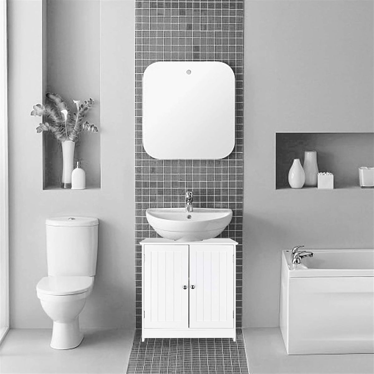 White Bathroom Floor Storage Cabinet with 2 Doors and Internal Shelf L3891