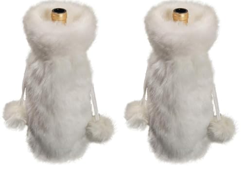 White Faux Fur Drawstring Wine Bottle Cover Bag T95020