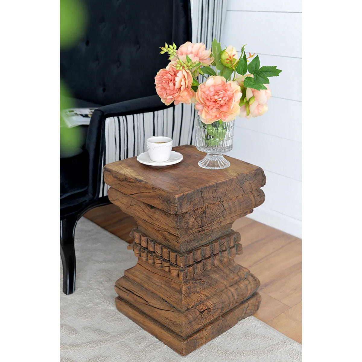 Organic Carved Wooden Pillar Stool M2943