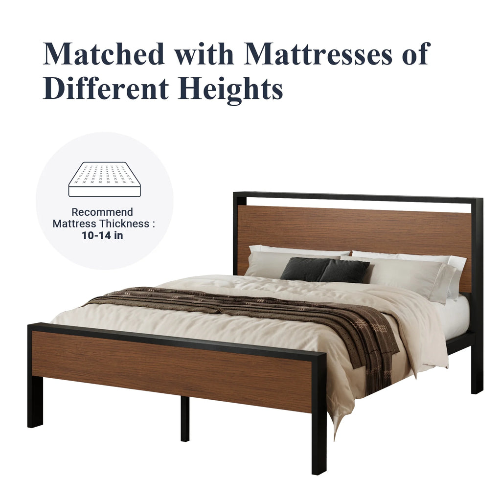 Queen Size Metal Platform Bed Frame with Wood Headboard J684