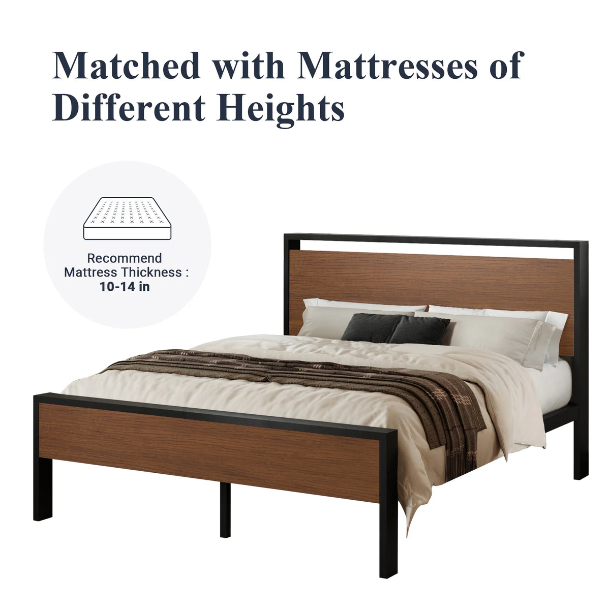 Queen Size Metal Platform Bed Frame with Wood Headboard J684