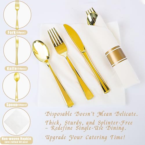 350PCS Gold Plastic Dinnerware Set with 100 Plates, 50 Cups, 50 Spoons, 50 Forks, 50 Knives B498
