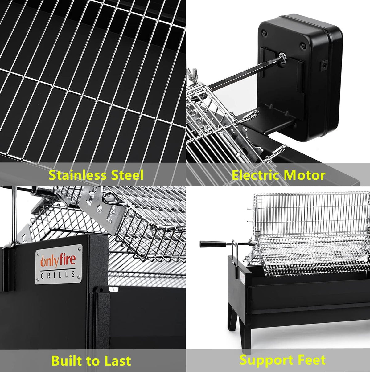 2 IN 1 Charcoal Grill Rotisserie Kit with 3 Stainless Steel Rotating Baskets and 24 In Grill Grate W3422