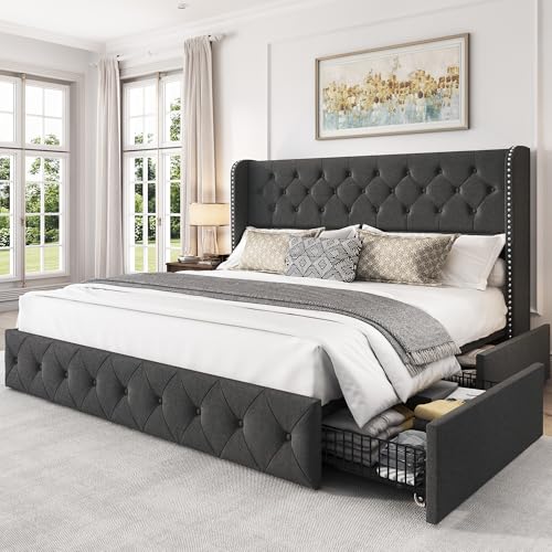 King Size Linen Upholstered Bed Frame with 4 Storage Drawers H875