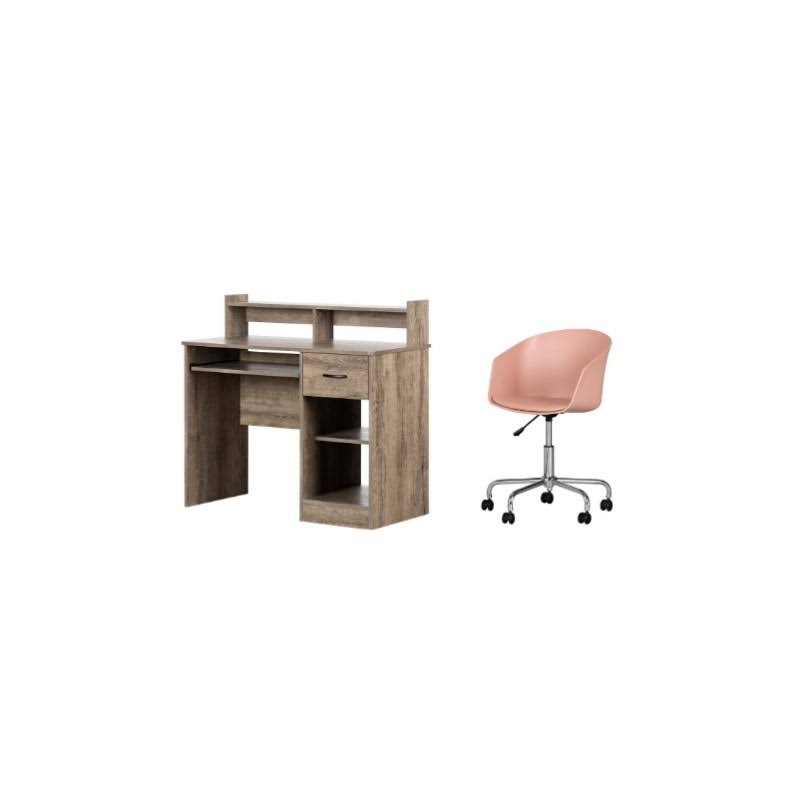 Weathered Oak Desk with Tray & 1 Pink Swivel Chair Set M344