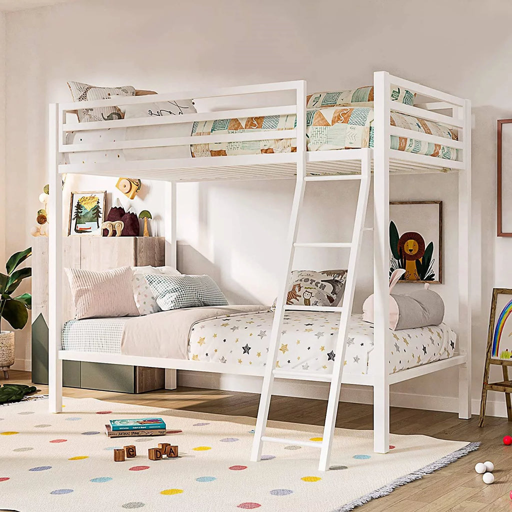 Twin over Twin White Metal Bunk Bed with Ladder K5186