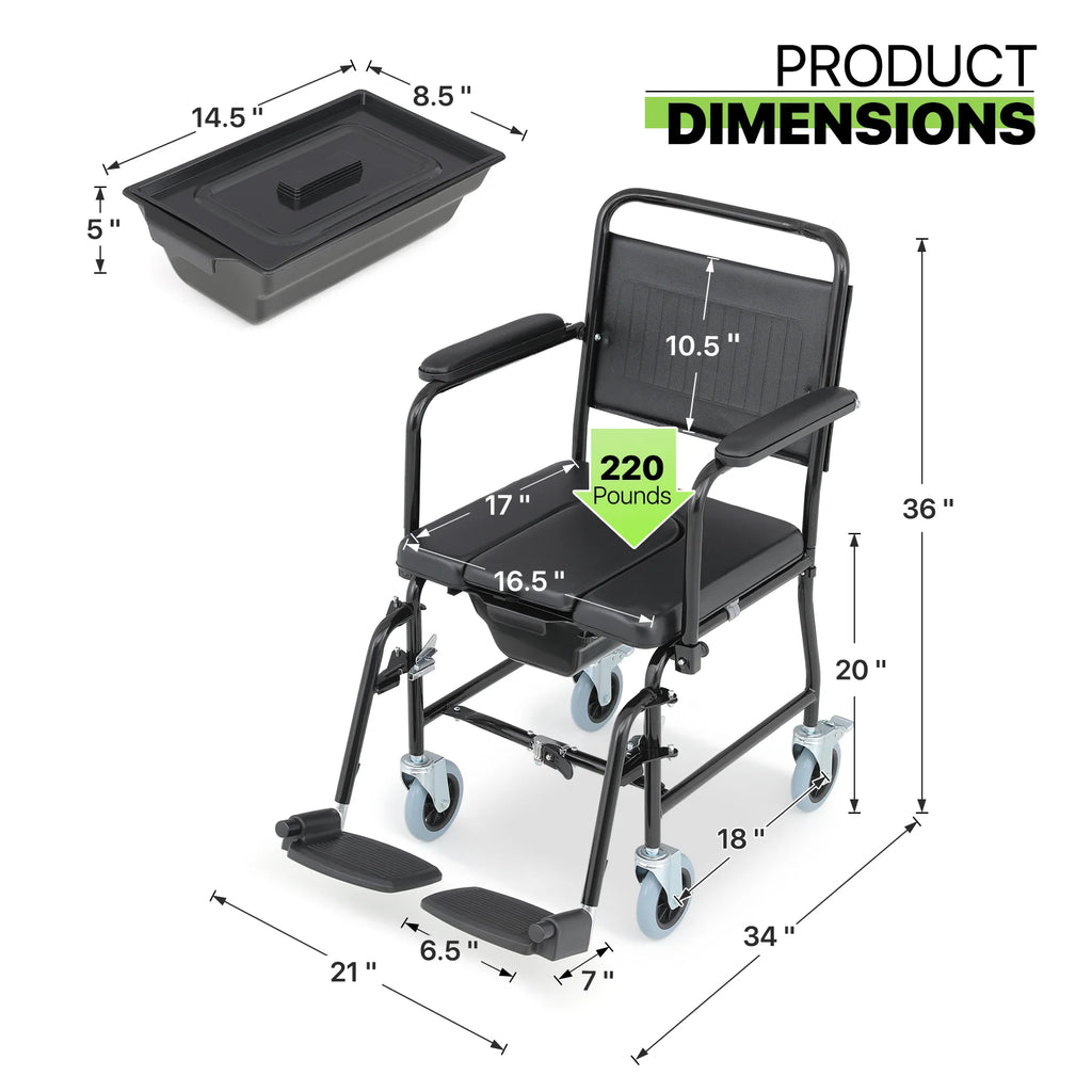 Commode Chair with Flip Up Armrests and 2 Locking Wheels W548823