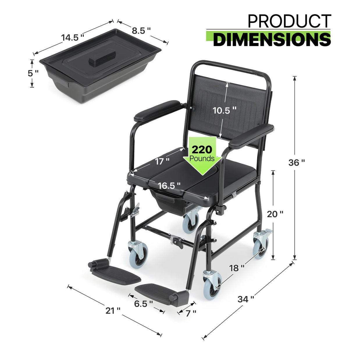 Commode Chair with Flip Up Armrests and 2 Locking Wheels W548823
