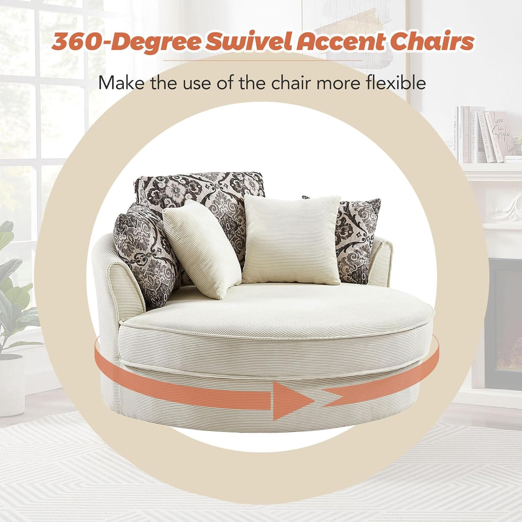 Oversized Corduroy Swivel Barrel Armchair with 5 Detachable Pillows M186766