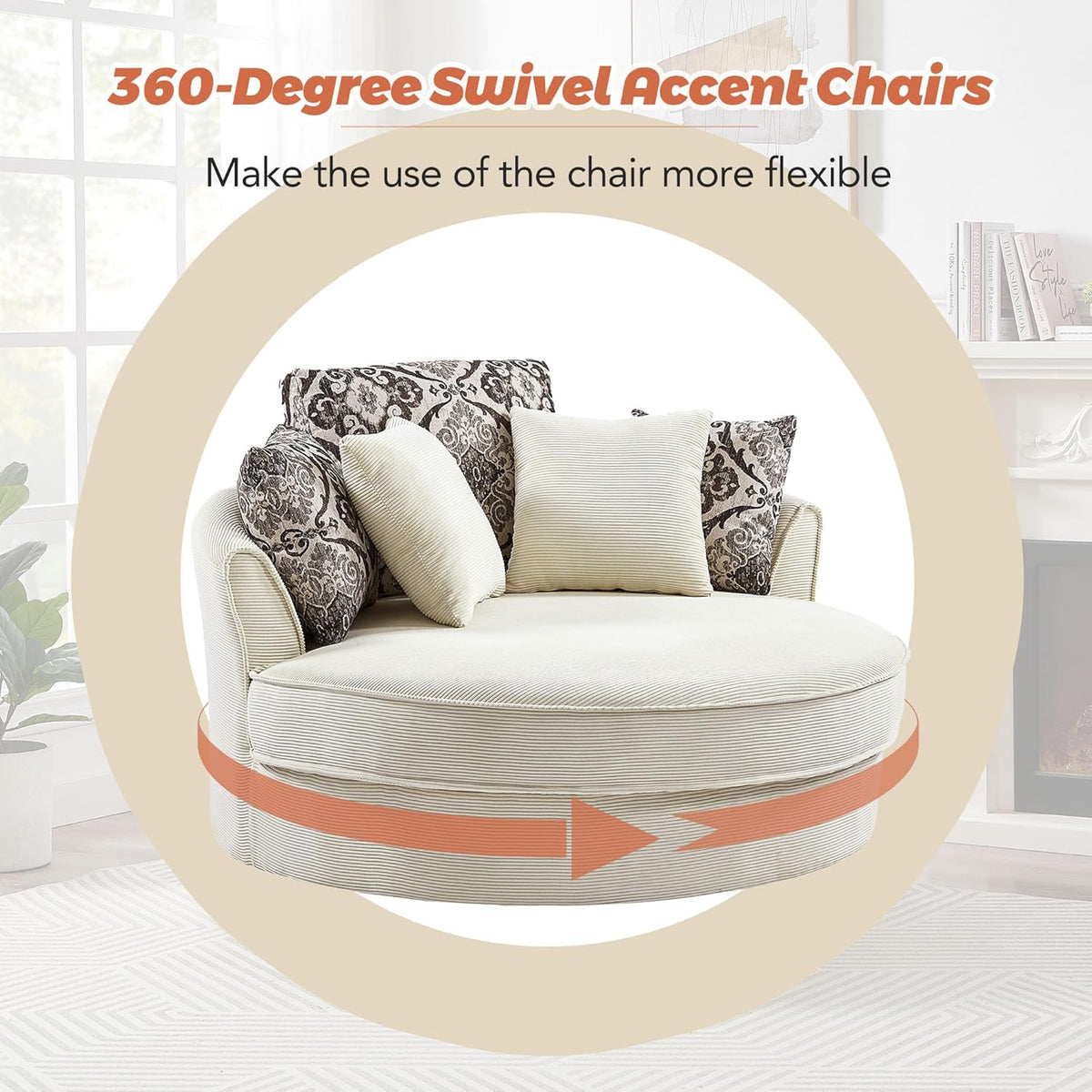 Oversized Corduroy Swivel Barrel Armchair with 5 Detachable Pillows M186766