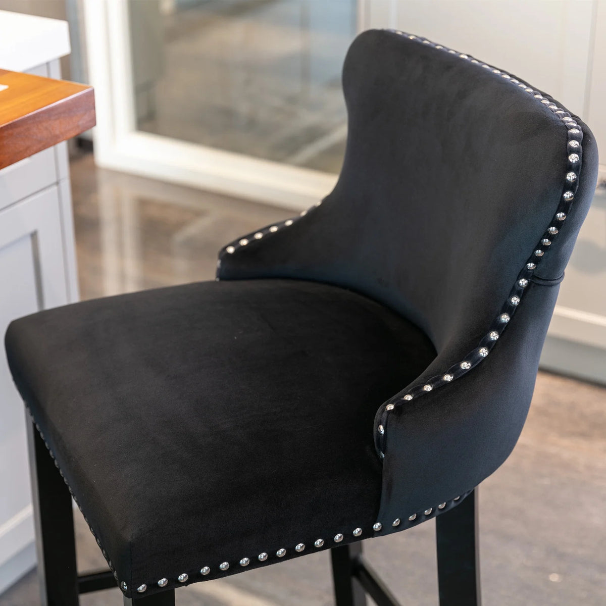 Black Velvet Button Tufted Bar Chairs with Wood Legs, Set of 2 Z61565
