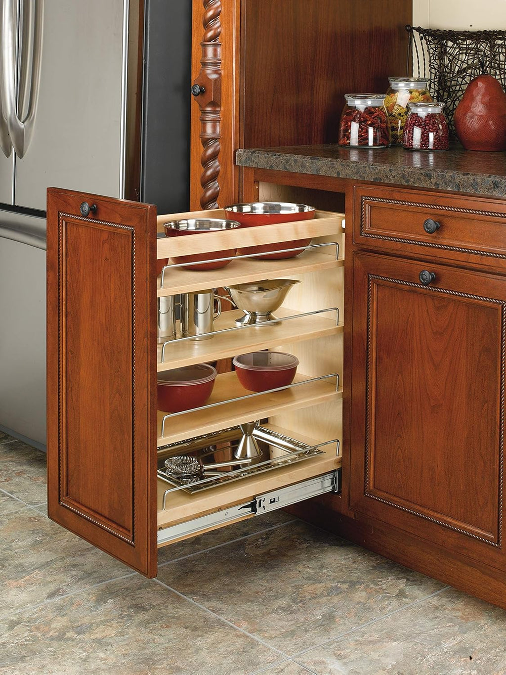 11 Inch Base Cabinet Pullout Storage Organizer with Adjustable Wood Shelves and Chrome Rails Y981