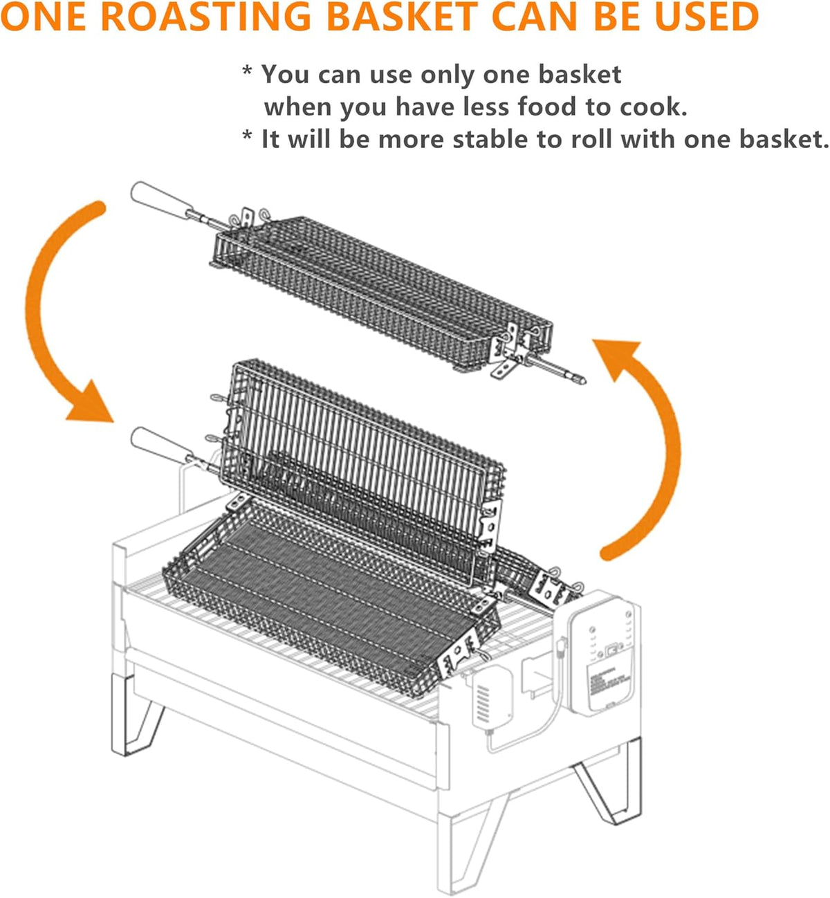 2 IN 1 Charcoal Grill Rotisserie Kit with 3 Stainless Steel Rotating Baskets and 24 In Grill Grate W3422