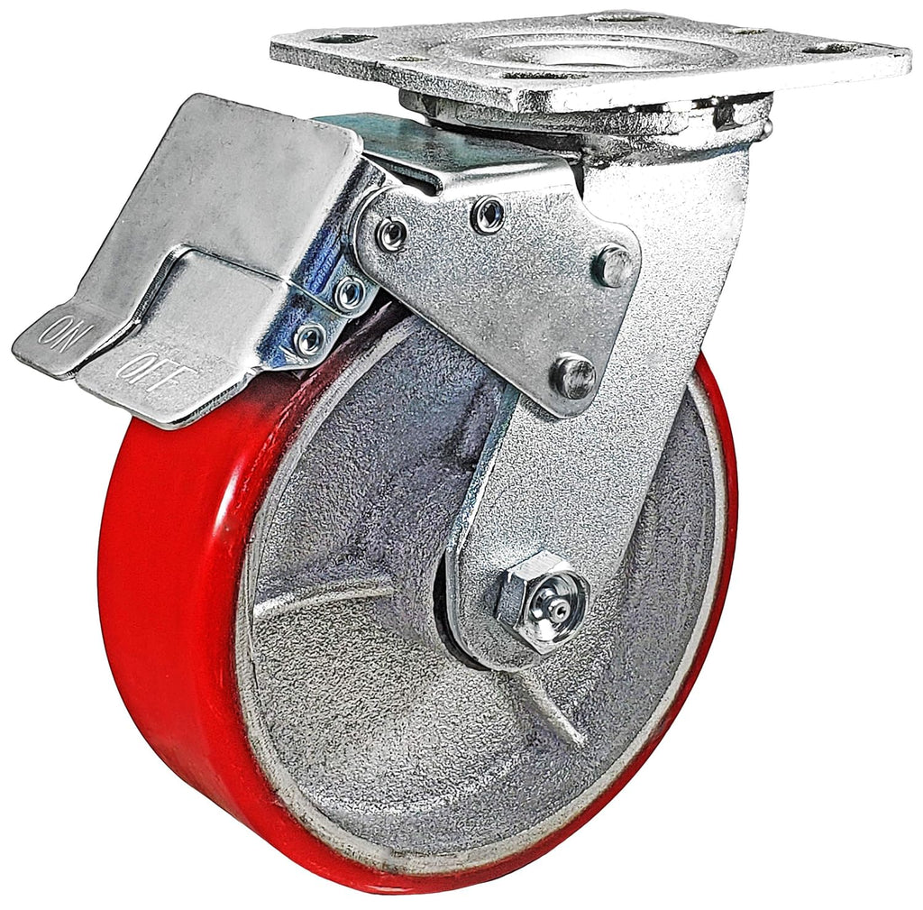 6 x 2 Total Lock Caster Set of 4 with Red Polyurethane on Steel Wheel Y64395