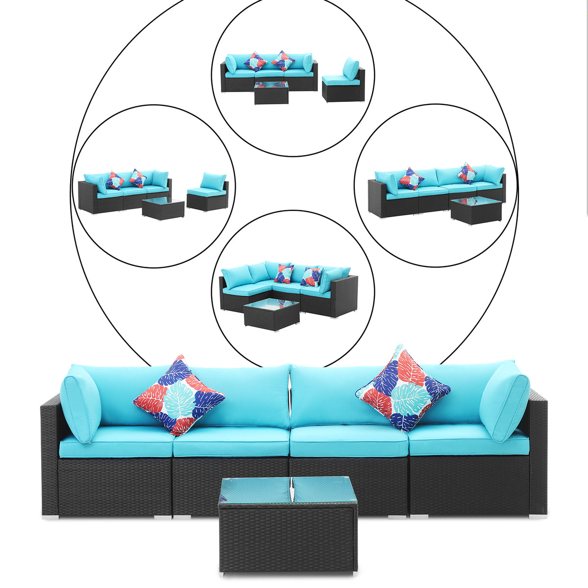 Blue 5 Pieces Outdoor Patio Conversation Sofa Set Y582455