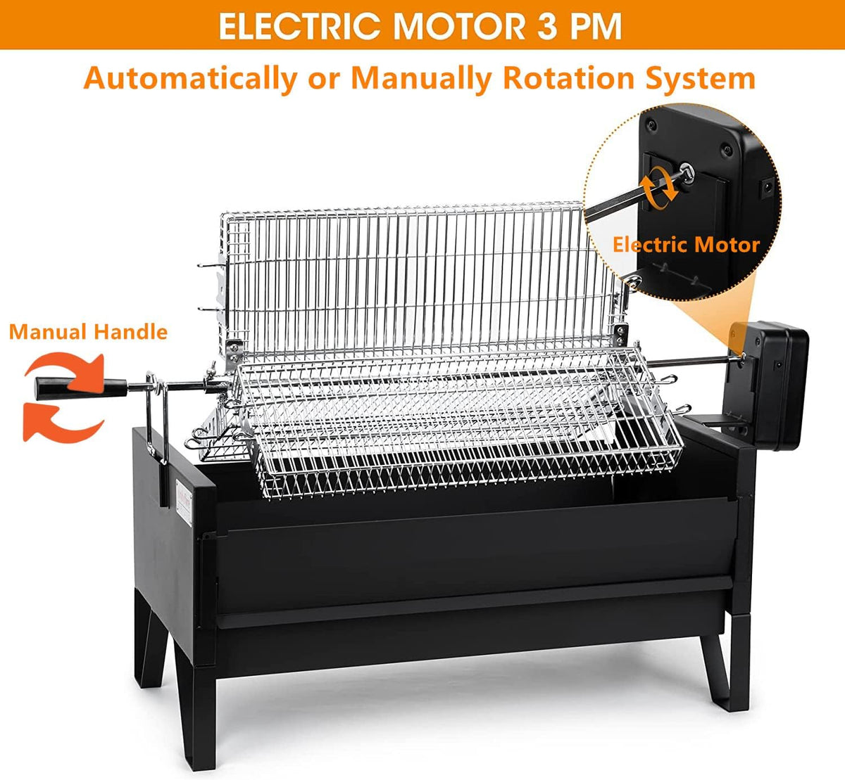 2 IN 1 Charcoal Grill Rotisserie Kit with 3 Stainless Steel Rotating Baskets and 24 In Grill Grate W3422