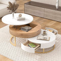 Round Lift-top Nesting Coffee Tables with 2 Drawers White & Natural E250