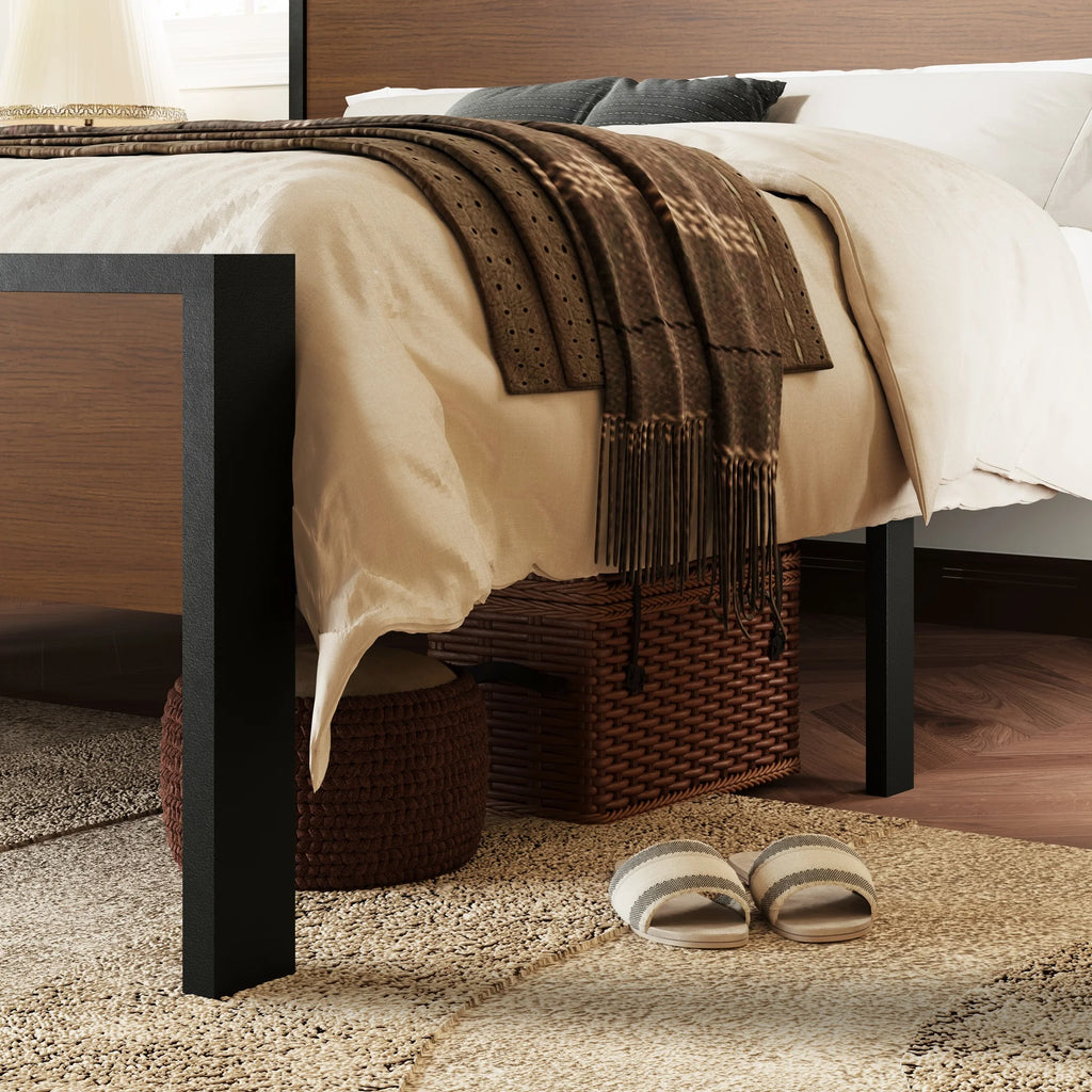 Queen Size Metal Platform Bed Frame with Wood Headboard J684