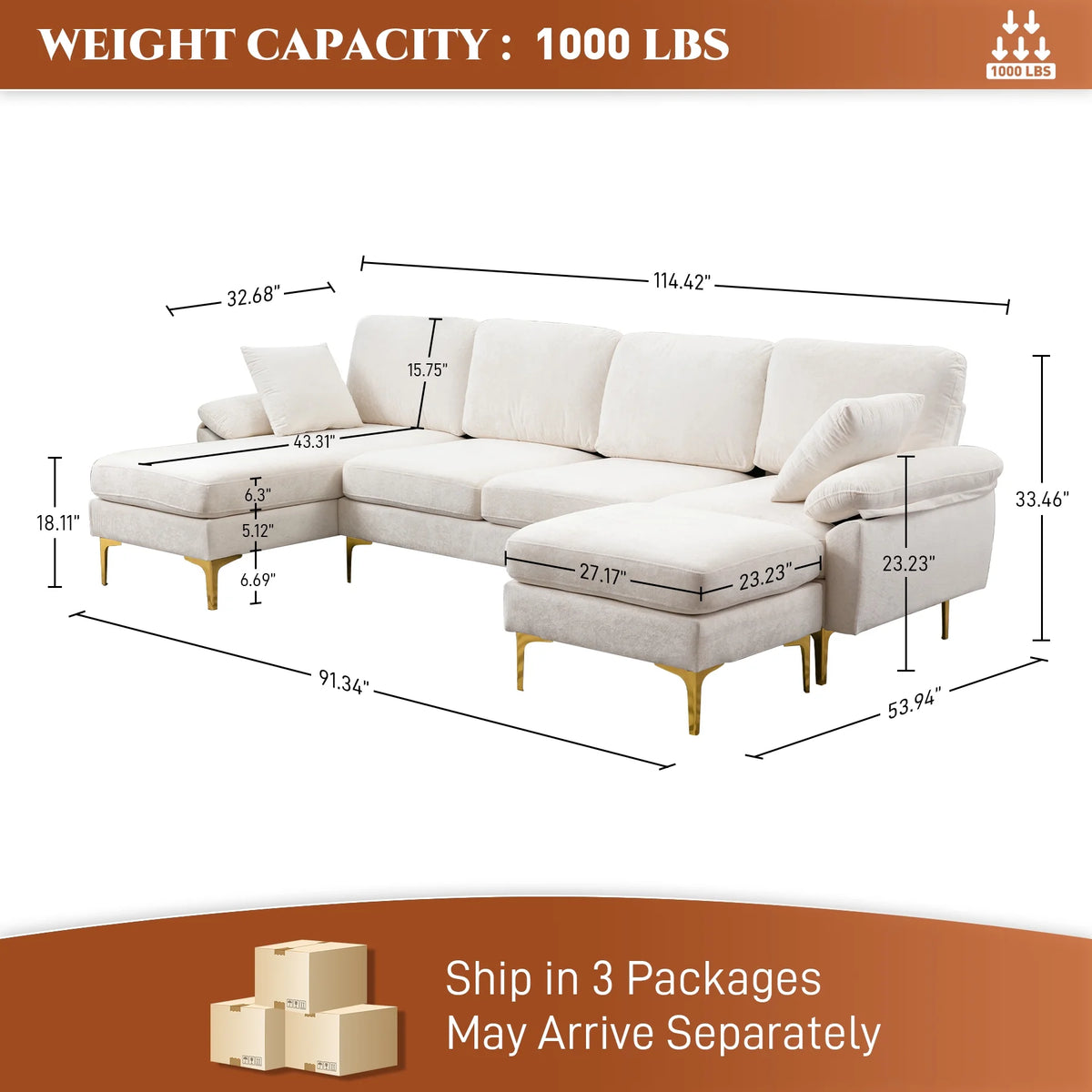 Upholstered Velvet U-shaped Sectional Sofa With Ottoman E228