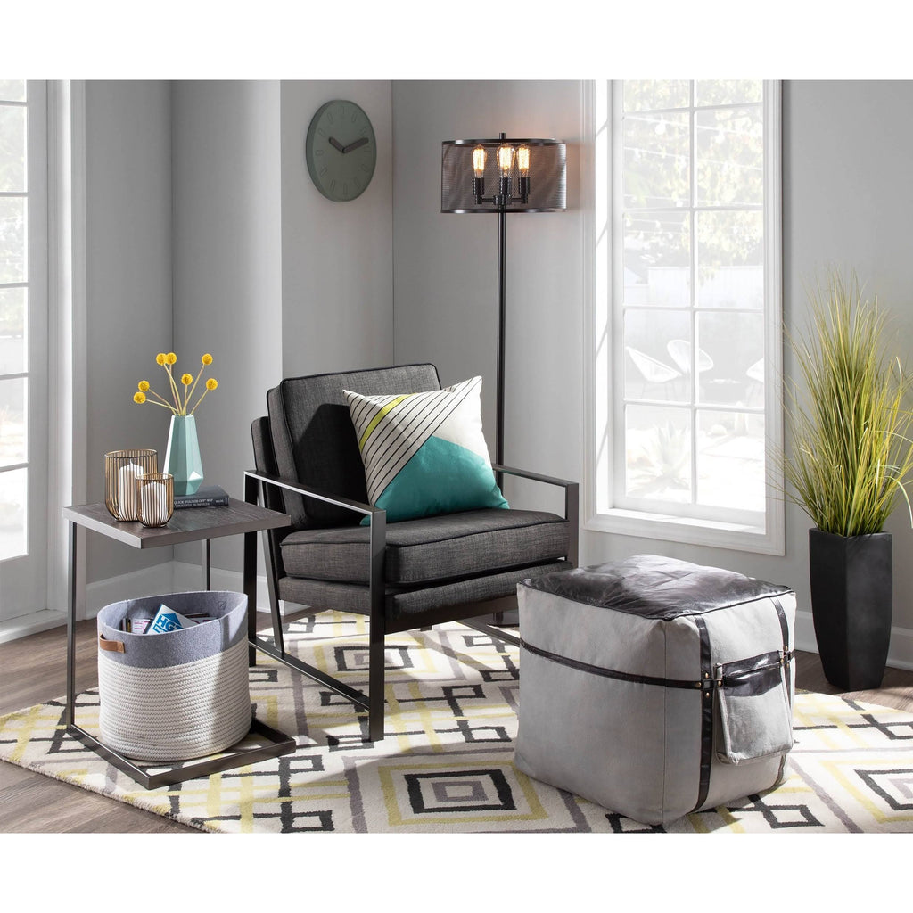 Black Leather Grey Canvas Pouf S376364