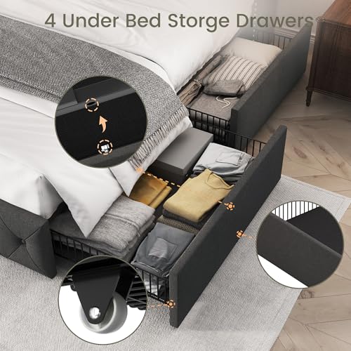 King Size Linen Upholstered Bed Frame with 4 Storage Drawers H875