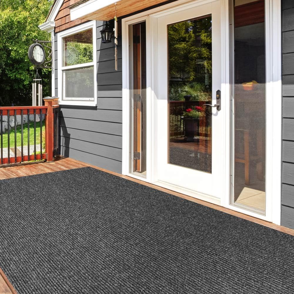Charcoal Black Ribbed Indoor Outdoor Carpet 6 Feet X 10 Feet H86768