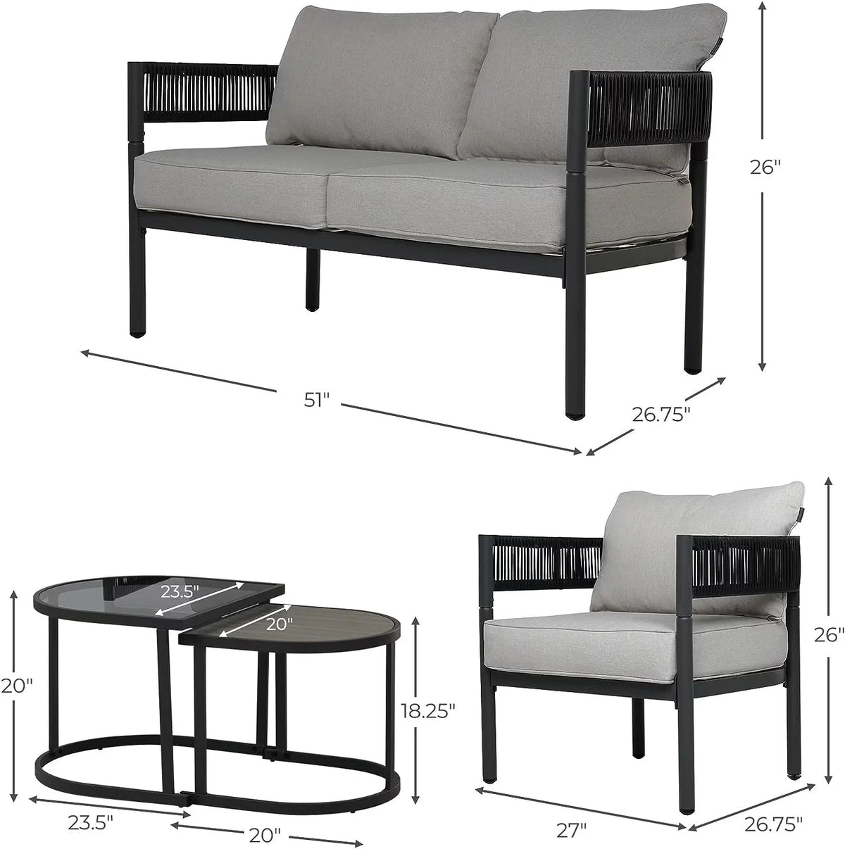 5-Piece Woven Wicker Outdoor Conversation Set with Cushions and Nested Table W158